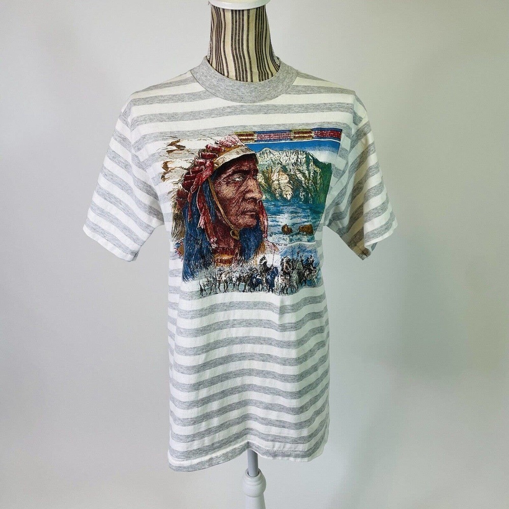 Vintage 90s Native American Striped Single Stitch T-Shirt Large Unisex Gray